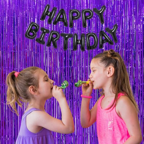 Image of 4 Pack Purple Foil Fringe Curtains, 13.2x6.6ft Streamers Backdrop for Birthday, Halloween, Graduation, Christmas, Bachelorette, Wedding, Witch Themed Party| Purple Streamers Party Decorations