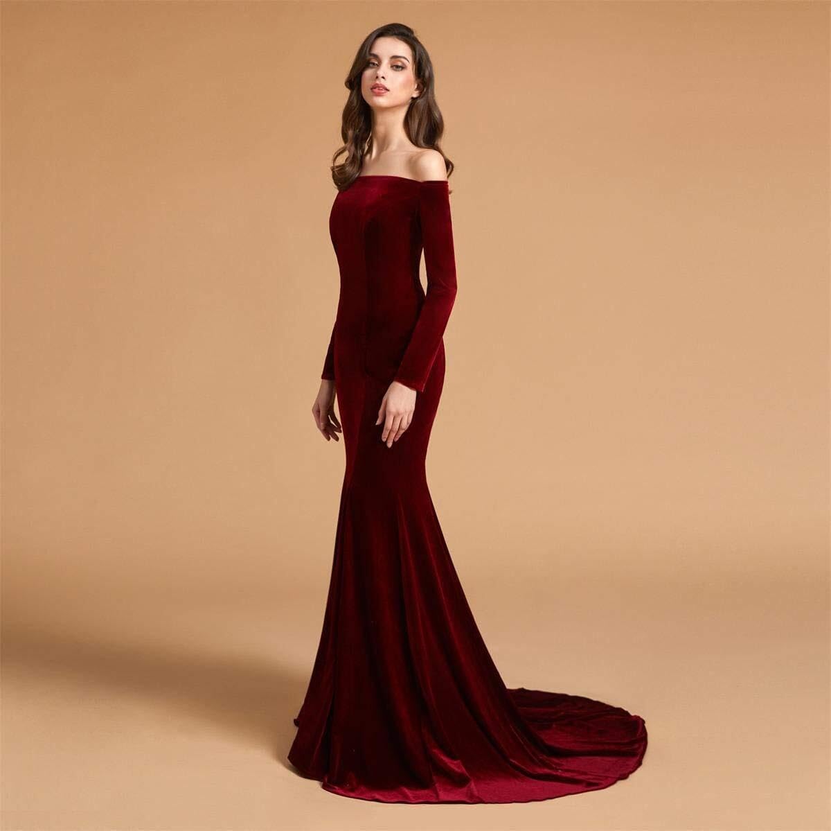 Off Shoulder Velvet Prom Dresses Mermaid Long Sleeves Formal Evening Party Gowns with Court Train pp123