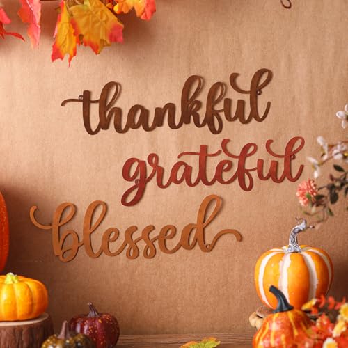 Fiwochic 3 Pcs Thankful Grateful Blessed Fall Sign Wall Decor Thanksgiving Home Decor Autumn Metal Signs Fall Rustic Letters Wall Art for Kitchen Bathroom Bedroom Walls Decoration Harvest Thanksgiving