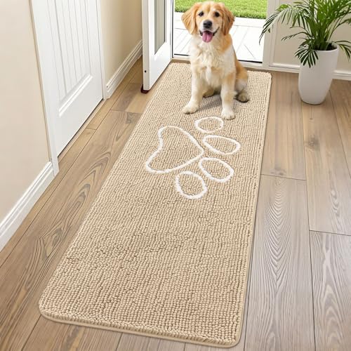 Image of Smiry Dog Door Mat for Muddy Paws, Absorbent Dirt Trapper Non Slip Quick Dry Washable Chenille Mat for Mud Dogs, Entry Rug for Indoor and Outdoor (70x24 Inches, Beige and White)