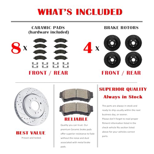 Image of Front (12.64 inch, 321mm) and Rear Drilled and Slotted Rotors Ceramic Brake Pads Replacement for 2010-2017 GMC Terrain 2010-2017 CHEVY Equinox