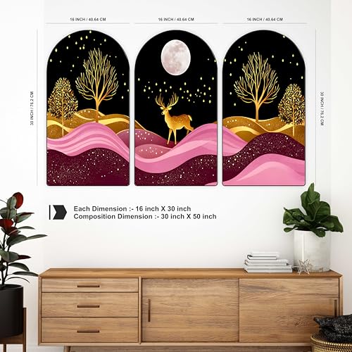 Image of Livin'luxe Set of 3 Golden Deer with Vastu Money Tree Wall Painting for Living Room, Bedroom, Hotels - Big Size Stylish Frame 50 inch x 30 inch Wall Art for Home Decoration RPNL-11