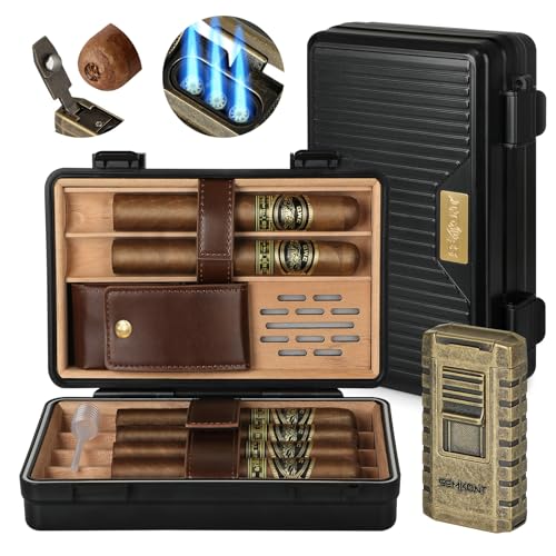SEMKONT Portable Cedar Wood Lined Cigar Case, Waterproof Anti Pressure Sealed Storage, With Humidifier and Lighter Set, Holds 6 Cigars