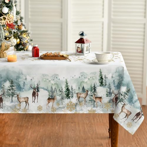Horaldaily Christmas Tablecloth 52×70 Inch, Golden Snow Deers Washable Table Cover for Party Picnic Dinner Decor by Horaldaily - Used condition - US$7.07