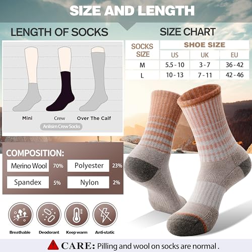 Image of Anlisim Merino Wool Hiking Running Socks for Women, Boot Work Crew Socks