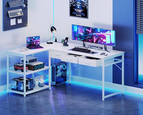 AODK ゲーミングデスク 引き出し3杯 パソコンデスク コンセント付き l字デスク デスク 机 幅135 pcデスク 棚付き desk 収納 オフィスデスク 在宅勤務 仕事用 組立簡単 ホワイト [2]