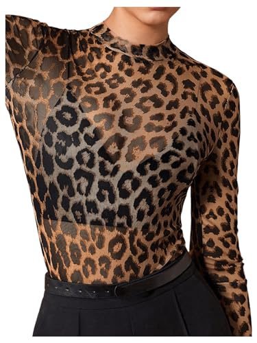 Floerns Women's Leopard Print Sheer Mesh Long Sleeve Tee Shirts Without Bra4