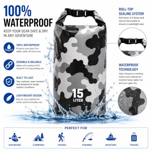 Image of Waterproof Dry Bag with Phone Case, 2L /3L /5L /10L /15L /20L /30L, Floating and Lightweight Bags for Kayaking Rafting Boating River Trekking-Multi Color (15 Liter Grey)