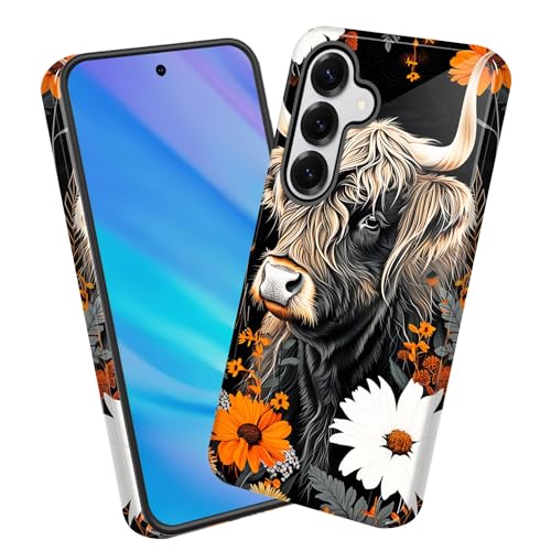GFEWYTJYJ Phone Case for Samsung Galaxy S26 FE,Shockproof Dual-Layer Protective Case,Anti-Scratch Slim Cover,Wireless Charging Compatible Cute Phone Case,Highland Cow and Flower