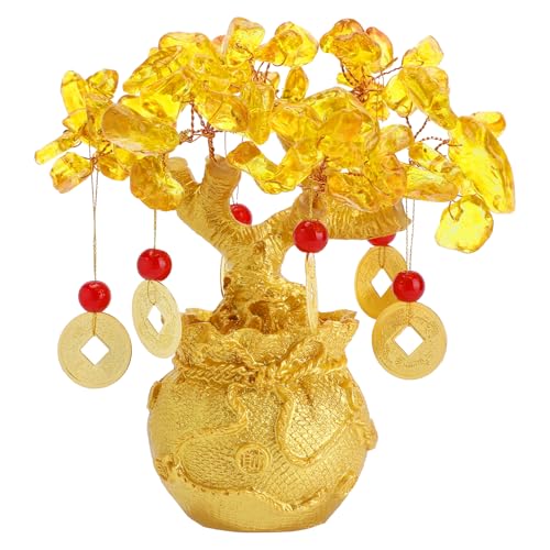 Yellow Crytal Money Tree, Feng Shui Decor, Blessing Bag Potted Plant, Citrine Tree Hangs Lucky Cold Coins Bonsai Style Decoration for Tabletop Decoration Home Office Store