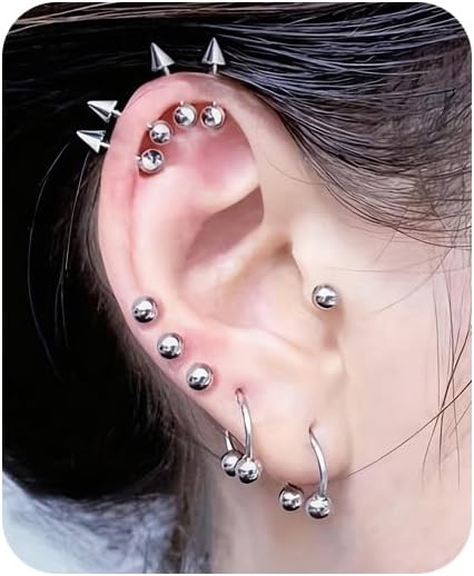 10Pcs 16gauge Barbell Earrings for Women Man 1.2mm Eyebrow Daith Cartilage Tragus Silver Nipplerings Piercing 4mm Ball Cone Round Ball Pointed Cone Straight Rod Nose Ring Horseshoe Rod Piercing Jewelry Combination Set
