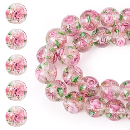 Image of Cheriswelry 40Pcs/Strand 10mm Gold Sand Lampwork Bead Handmade Glass Round Flower Loose Beads for DIY Necklace Bracelet Earring Jewelry Making Party Wedding Decoration (Pearl Pink)