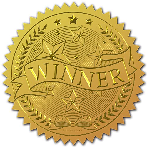CRASPIRE 100pcs 2" Gold Winner Foil Stickers Competition Reward Certificate Seals Star Offical Achievement Gold Embossed Round Sticker for Envelopes Invitation Card Diplomas Awards Graduation