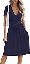 NILOUFO Women's Summer Casual Dress Short Sleeve Wrap V Neck Midi Dresses with Pockets