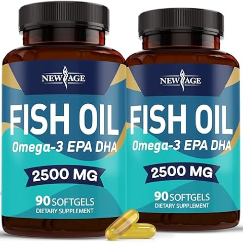 NEW AGE Omega 3 Fish Oil 2500mg Supplement Non GMO - EPA, DHA Fatty Acids Gluten Free (180 Softgels (Pack of 2)) Cover