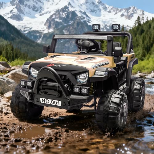 Kids Ride On Truck Car, 12V Ride On Toy Battery Powered Vehicles w/Parent Remote, Spring Suspension, Electric Car for Kids with Bluetooth Music, LED Light, Ideal Car Gift for Boys Girls, Khaki by Garvee - Used condition - Image 3
