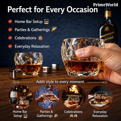 Image of PrimeWorld Stylish European Crystal Whiskey Glasses Set of 6 pcs- 300 ml Bar Glass for Drinking Bourbon, Whisky, Scotch, Cocktails, Cognac- Old Fashioned Cocktail Tumblers