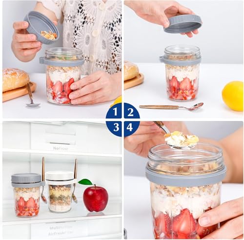 Red Dot Gift® Overnight Oats Jars 2 Color (White And Grey) with Spoon and Lid, Airtight Oatmeal Container with Measurement Marks, Mason Jars with Lid for Cereal on the Go Container.