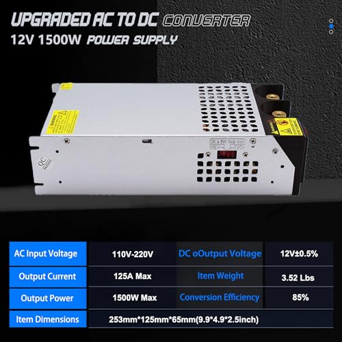 Image of AC to DC 12V 125A 1500W Power Supply,120V to 12v Converter /110V to 12V Converter for RV Pump LED Strip CCTV Car Vacuum Stereo Disel Heater(DC12V-125A-1500W)