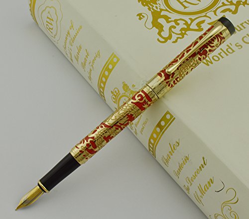 Jinhao 5000 Fountain Pen, Red With Golden Century Dragon Embossed Calligraphy Pens, Medium Nib, Business Gift Pen, Vintage Pens, Collection Signature Pen With Ink Converter #TOP1
