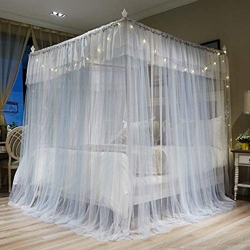 Joyreap Luxury 4 Corners Post Canopy Bed Curtains - Grey & White Cozy Drape Netting - Cute Princess Style Bedroom Decoration Accessories (47" W x 78" L, Twin) - Thumbnail 3