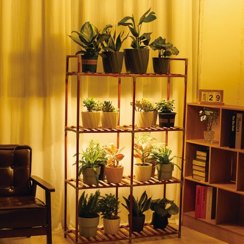 UYEENGY 4-Tier Wooden Plant Stand with LED Grow Lights -