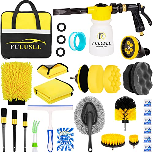 Fclusll 27Pcs Car Wash Kit With Foam Gun Sprayer, Car Cleaning Kit With 6 In 1 Adjustable Nozzle Drill Brush Set Tire Polishing Applicator Pad Wash Mitt Towel, Quick Connects To Most Garden Hose #TOP2