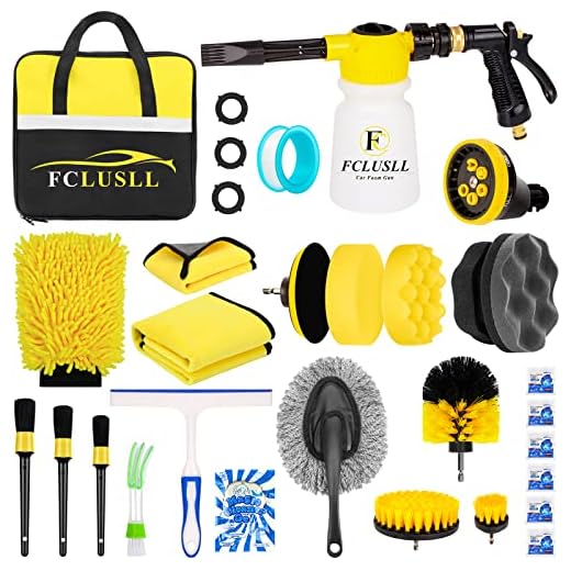 FCLUSLL 27Pcs Car Wash Kit with Foam Gun Sprayer, Car Cleaning Kit with 6 in 1 Adjustable Nozzle Drill Brush Set Tire Polishing Applicator Pad Wash Mitt Towel, Quick Connects to Most Garden Hose