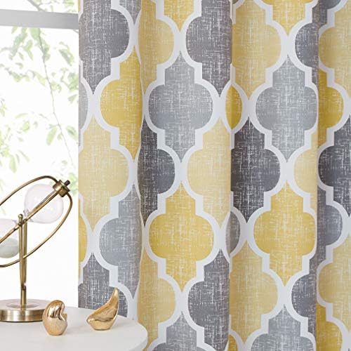 Beauoop Lattice Blackout Window Curtain Panels Thermal Insulated Soundproof Drapes for Bedroom Living Room Quatrefoil Energy Saving Window Treatment Sets Grommet Top, Set of 2, 50W x 90L, Yellow/Grey