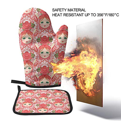 Abucaky Traditional Russian Nesting Doll With Flowers Oven Mitts And Pot Holders Insulated Gloves & Kitchen Counter Safe Mats For Cooking Bbq Baking Grilling (2-Piece Set) #TOP3