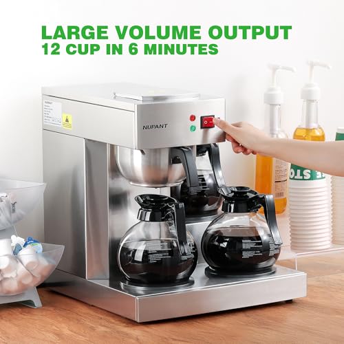 NUPANT 12 Cup Commercial Coffee Maker,Drip Coffee Maker Machine with 3 Warmers Plate and 3 Glass Decanters, Stainless Steel Pour Over Commercial Coffee Brewer for Restaurant, Office, Cafe Use