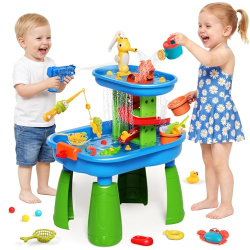 Image of Toddler Water Table - Sensory Table for Kids with 28 Piece Sand Water Toy Set, Outdoor Water Play Table with Rain Shower Sprinkler, Summer Easter Gift STEM Toy for Boys Girls Ages 3 4 5 6 7 8