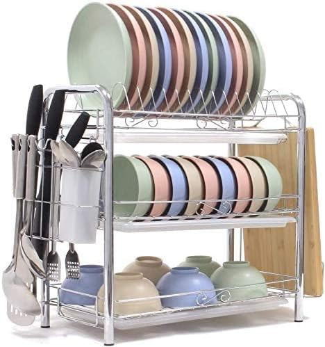 HanYun Dish Drying Rack 3-Tier Chrome Plating Dish Rack Stainless Steel Kitchen Dish Drainer Rack Organizer Tool-Free Installation with Utensil Holder/Drain Board/Bracket 3 Layers…