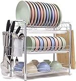 Dish Drying Rack 3-Tier Chrome Plating Dish Rack Stainless Steel Kitchen Dish Drainer Rack Organizer Tool-Free Installation With Utensil Holder/Drain Board/Bracket 3 Layers