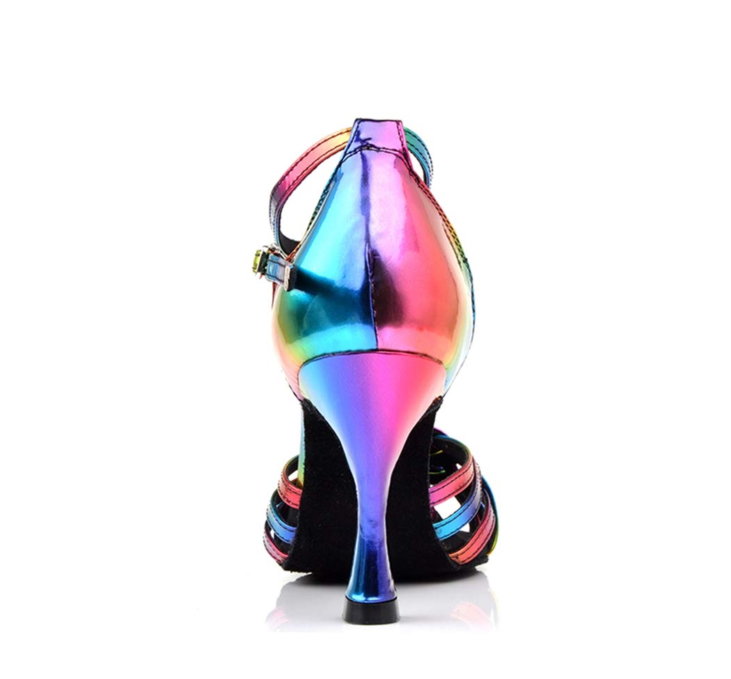 TDA Women's Flared Heel Weave Style Multicoloured Rainbow Synthetic Tango Prom Latin Modern Dance Open Toe Shoes 4.5 M US