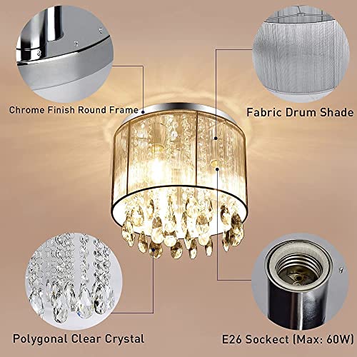Depuley 3 Lights Modern Crystal Flush Mount Ceiling Light, 11 Inch Raindrop Crystal Light Fixture With Cylinder Net Lamp Shade, Mini Crystal Chandeliers For Bedroom, Living Room, Kitchen #TOP4
