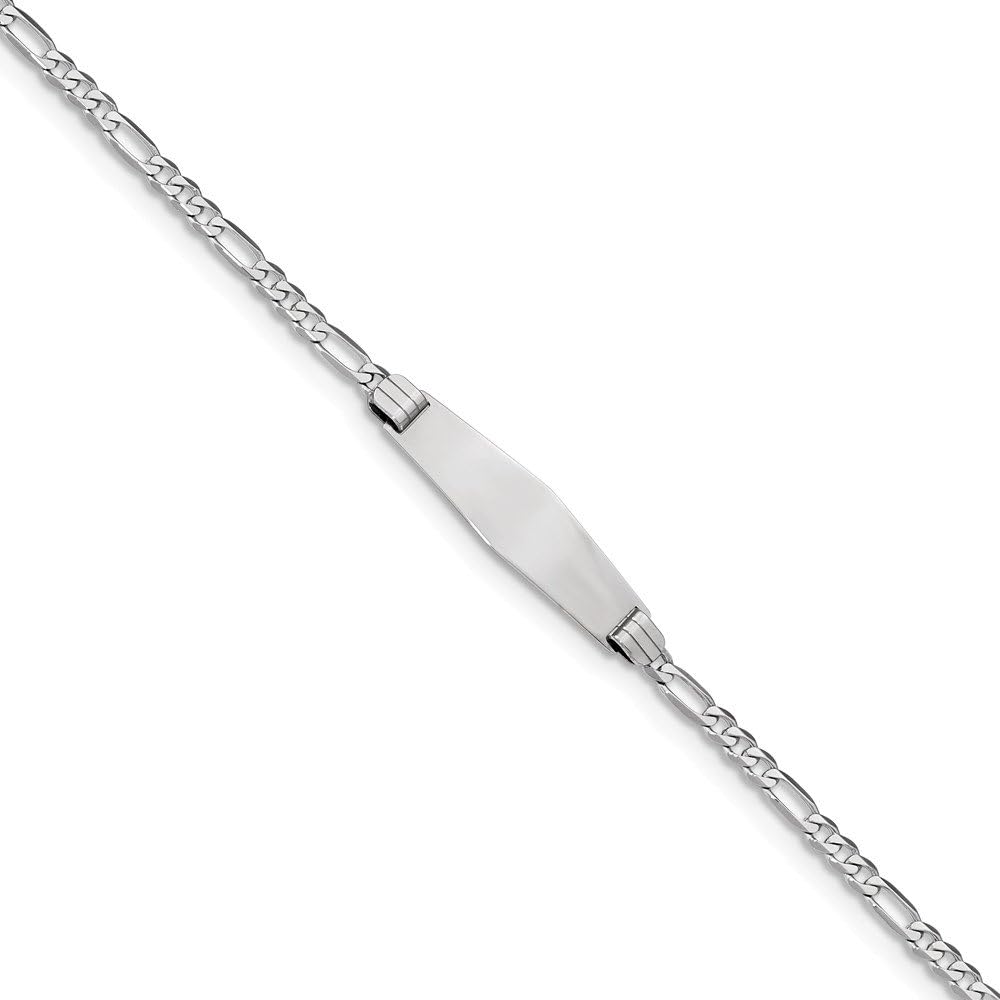 Solid 14k White Gold Figaro Link Soft Diamond-Shape ID Bracelet Engravable Identification Name Bar Tag - with Secure Lobster Lock Clasp 8" (Width = 7mm)