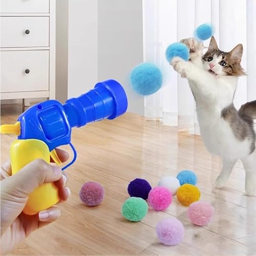 Tyasoleil Interactive Teaser Gun for Cats, Cat Toy with Silent Polyester Elastic Plush Ball 100PCS, Launcher for Boredom Relief