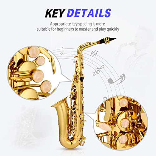 Donner Alto Saxophone Dax-21, Gold Lacquer E Flat Sax With Full Kit Travel Bag, Foldable Stand And Cleanning Kit, For Beginner Students, Brass Engraving And Gorgeous Sound #TOP4