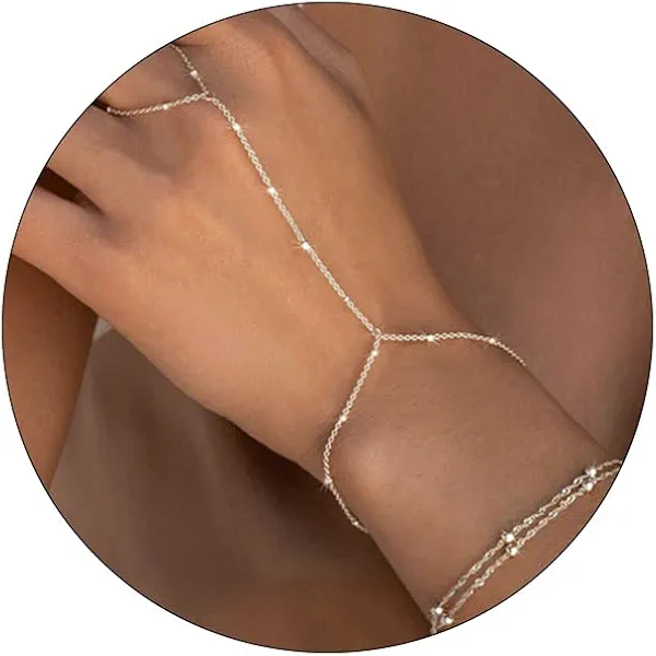Hand Chain Siver Bracelet for Women, Silver Beaded Ring Hand Chain Finger Ring Cubic Zirconia Dainty 14K Gold Plated Cross Bracelet Chains for Women Simple Body Jewelry