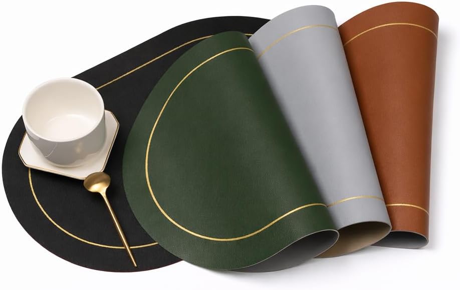 Faux Leather Placemats Set of 4 – Wipeable Heat Resistant PU Table Mats with Elegant Matte Gold Border, Non-Slip Washable Dining Placemats, 18 x 12 Inch