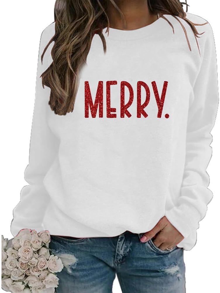 Womens Merry Christmas Sweatshirt Retro Letter Print Long Sleeve Crew Neck Xmas Pullover Tops at  Women’s Clothing store
