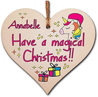 Personalised Handmade Christmas Hanging Wooden Heart Plaque Decoration Gift to wish someone special a magical merry xmas novelty unicorn fun festive bauble