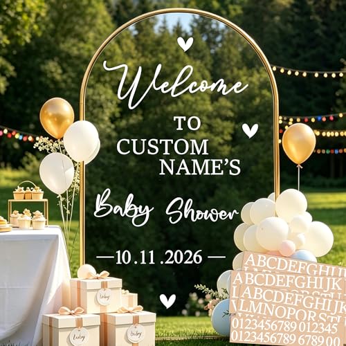 Custom Name Baby Shower Signs Decals for Mirror DIY Removable Welcome Mirror Decals for Gender Reveal Entry Reception Display White Oh Baby Vinyl Lettering for Party Banner Background Decoration