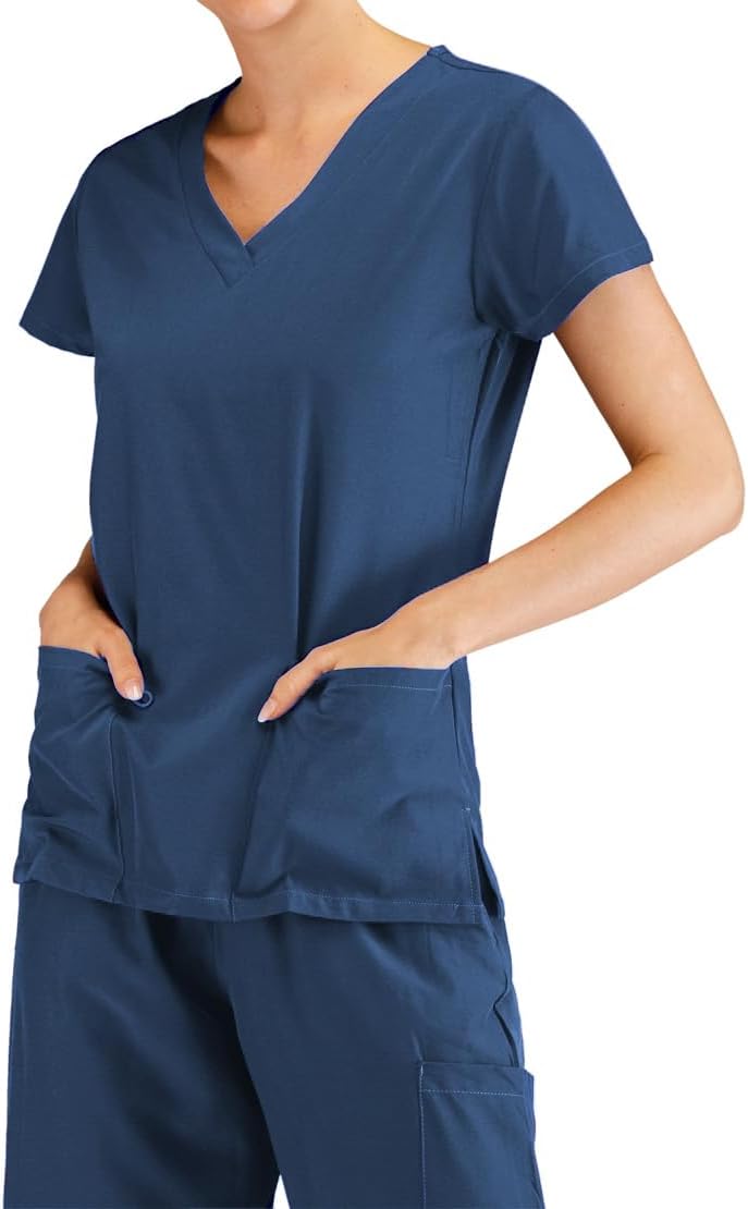 Minty Mint Women's V Neck Solid Stretch Medical Scrub Set Carribean L