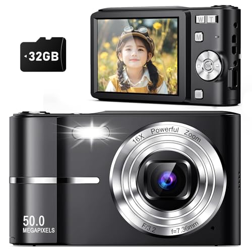 Upgrade Digital Camera, 50MP Full High Definition 1080P Camera with 16x Zoom Anti Shake, Compact Camera for Kid Student Children Teen Girl Boy, Kids Camera with 32GB SD Card (Black)