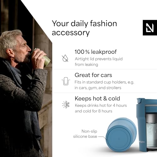 Image of LARS NYSOM Thermo Coffee Mug to go 13oz | Travel Mug 0.38 Liter with Insulation | Silicone grip base | Leak Proof Stainless Steel Tumbler for Coffee and Tea on the Go (Powder Calypso Blue, 13oz)