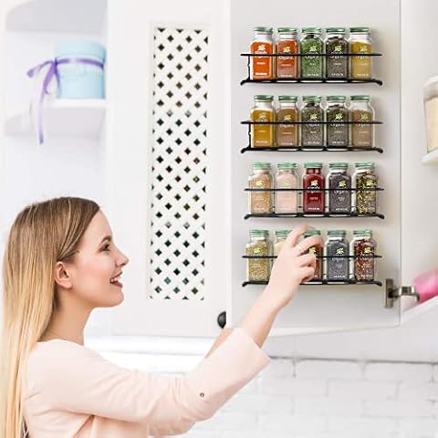 Spice Rack Wall Metal 4 Kitchen Shelf Organiser Hanging Self-Adhesive Spice Rack Cupboard Door No Drilling for Kitchen Shelf, Cupboard Insert, Bathroom Shelf 29 x 6.3 x 5 cm Cover