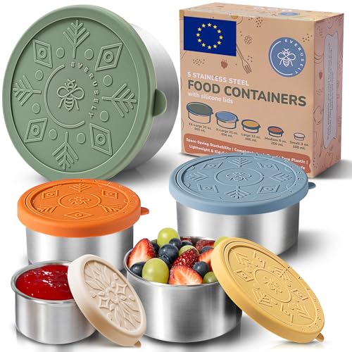 Everusely - Edelstahlbehälter mit Deckel - 5er-Set, Muted Collection - Auslaufsichere Edelstahl-Lebensmittelbehälter - Verschachtelbare Snackbehälter- Metall-Lunchbox