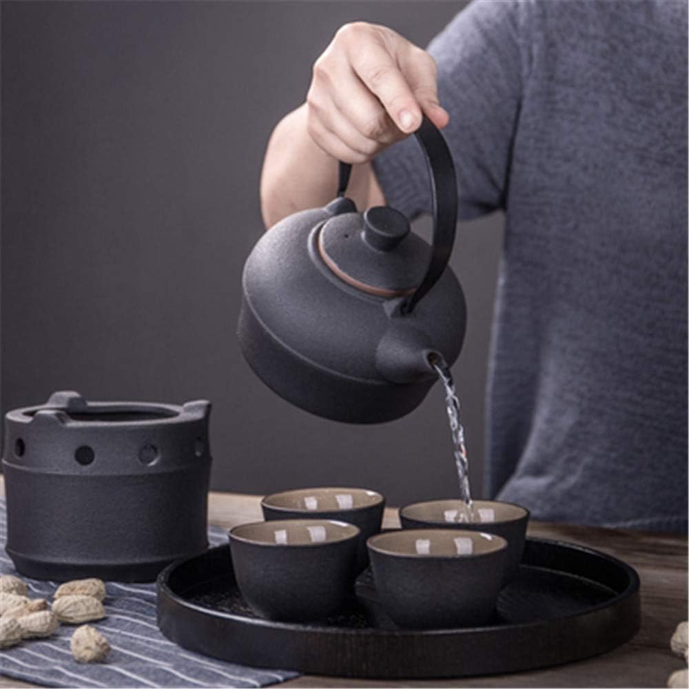 Japanese Style Sake Set with Warmer Including 1pc Candle Stove 1pc Warming Mug 1pc Sake Pot and 4pcs Sake Cups Traditional Pottery Hot Set 7-Piece
